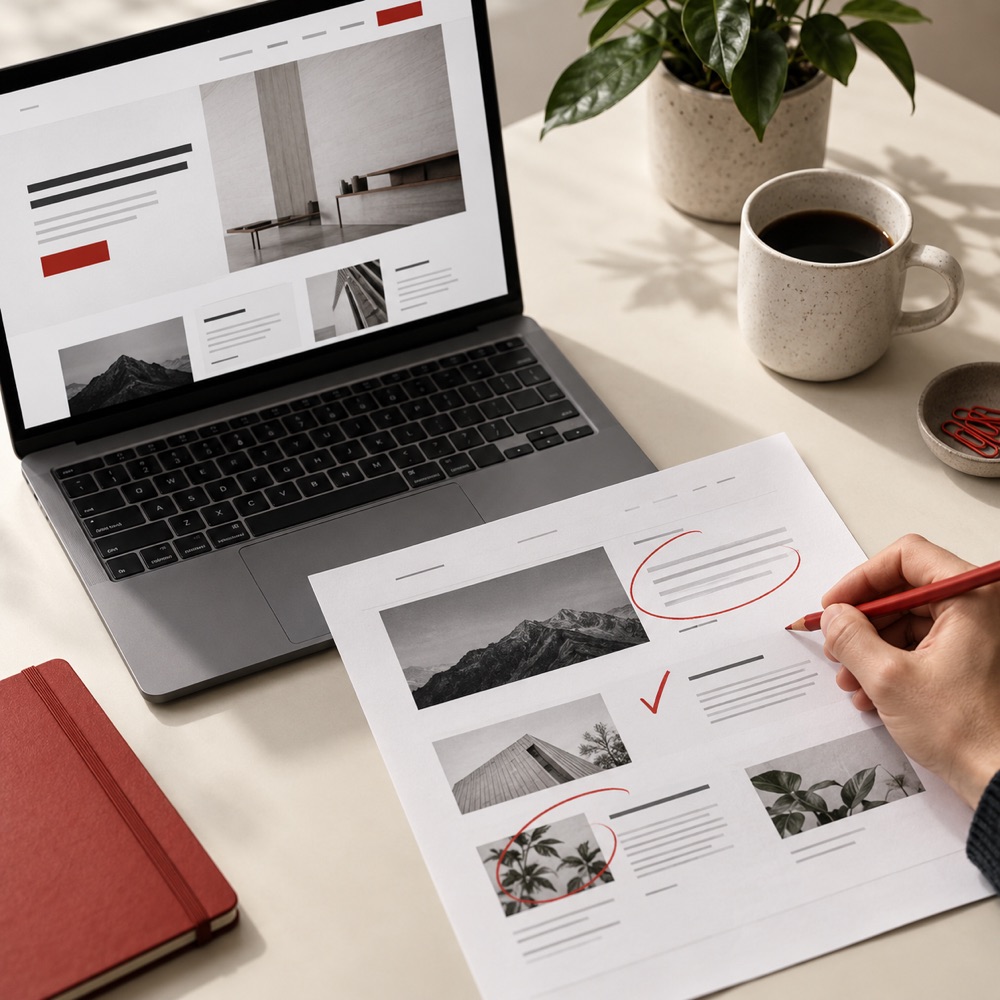 Illustrative Darstellung einer persönlichen Website-Prüfung mit Laptop und markierten Verbesserungen